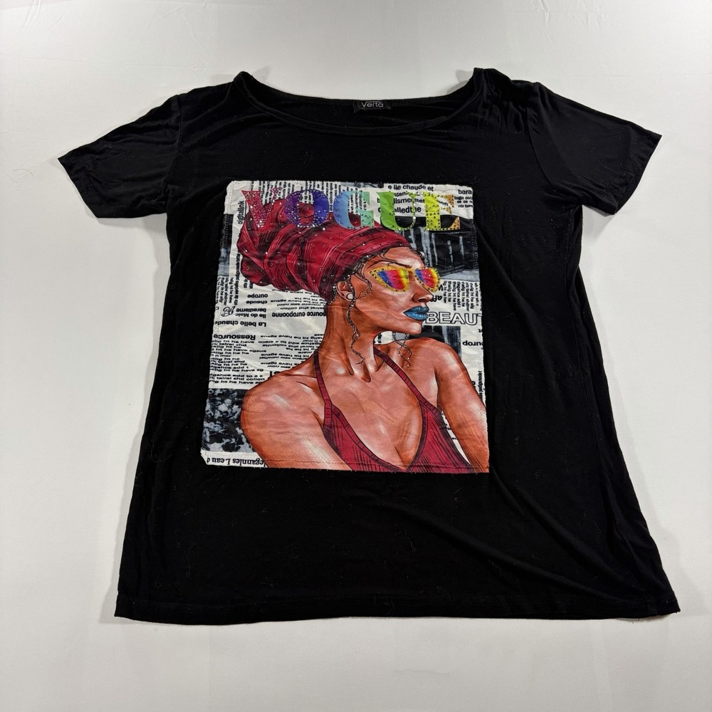 Verta T Shirt Women's  Black Vogue Graphic Tee Size Large